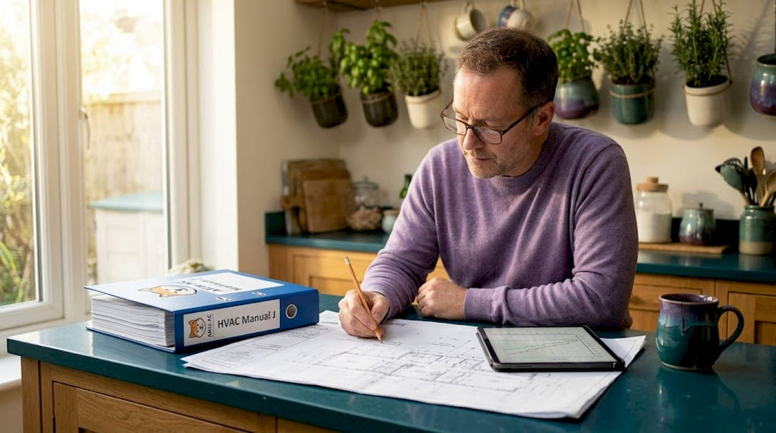 Homeowner reviewing HVAC plans at kitchen table