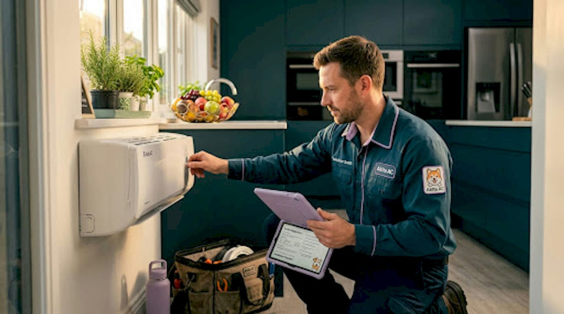 Technician adjusting eco-friendly AC in living room