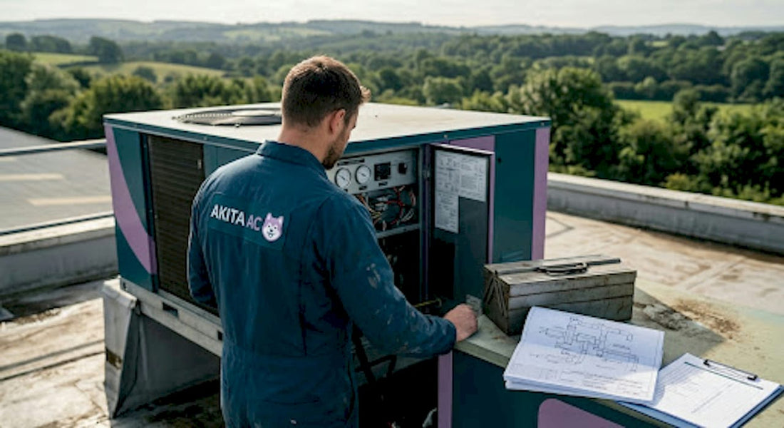 Technician inspecting commercial HVAC system rooftop