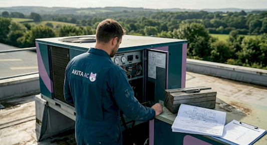 Technician inspecting commercial HVAC system rooftop