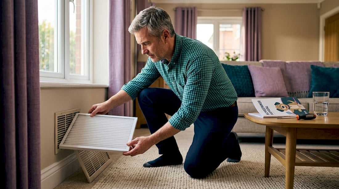 Homeowner replacing living room HVAC filter