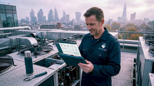 HVAC technician inspecting commercial AC unit