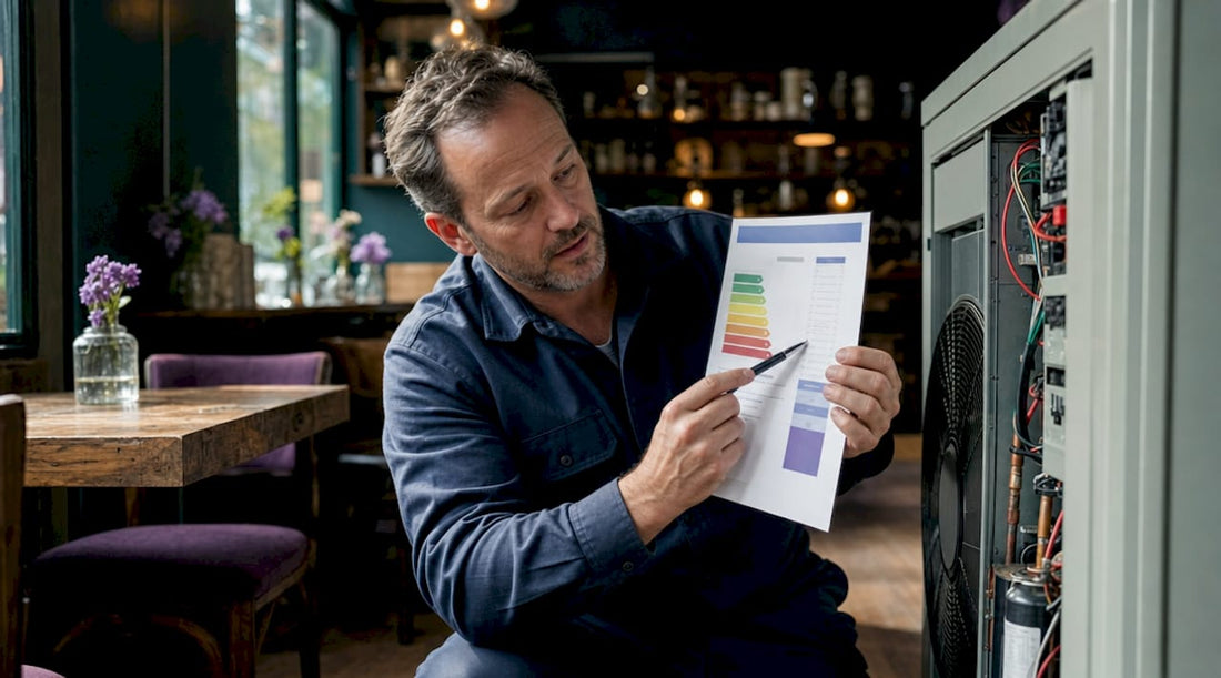 Technician reviewing HVAC energy ratings chart