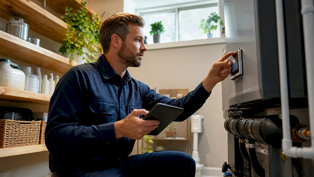 Technician adjusting HVAC humidity control unit