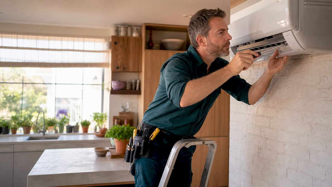 Technician servicing indoor air conditioner in UK home