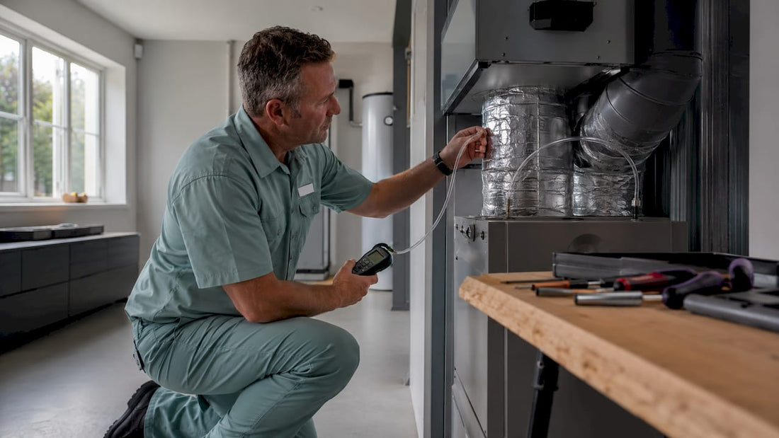Engineer inspecting HVAC system in UK home