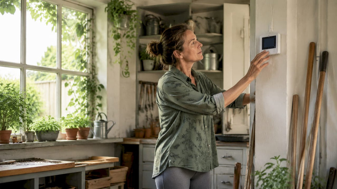 Woman inspecting home's digital thermostat