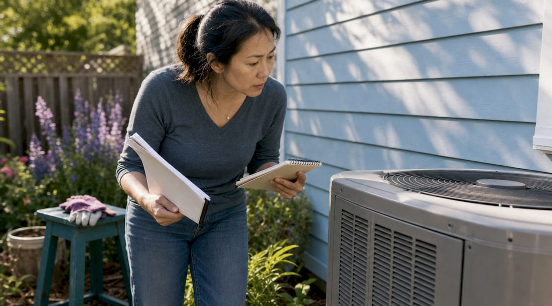 Homeowner inspecting HVAC unit for energy savings