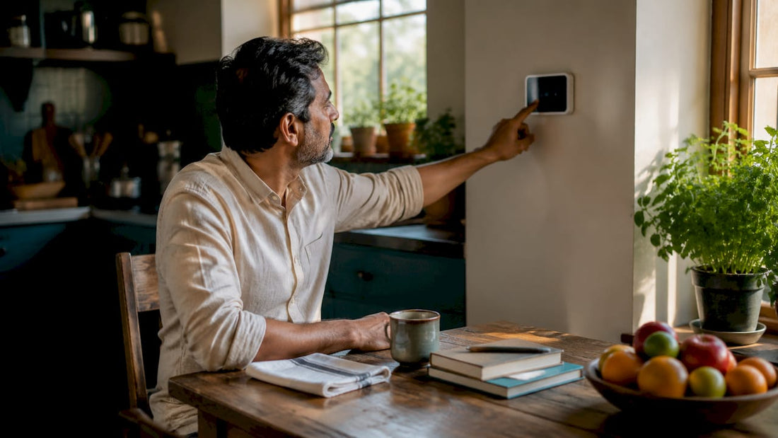 Man adjusting home thermostat on wall