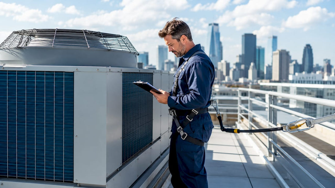 Technician inspecting commercial HVAC unit on rooftop