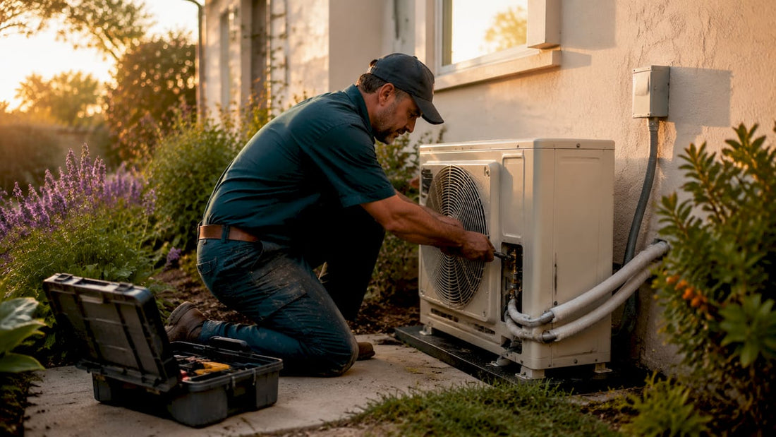 Technician installing home heat pump outdoors