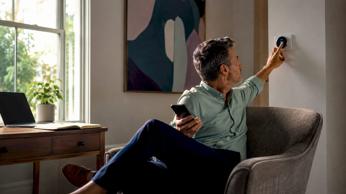 Man controlling smart HVAC thermostat at home