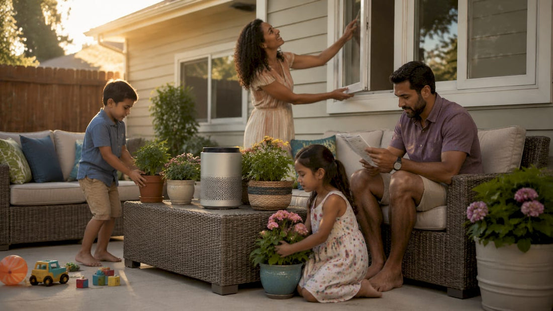 Family improving indoor air in living room