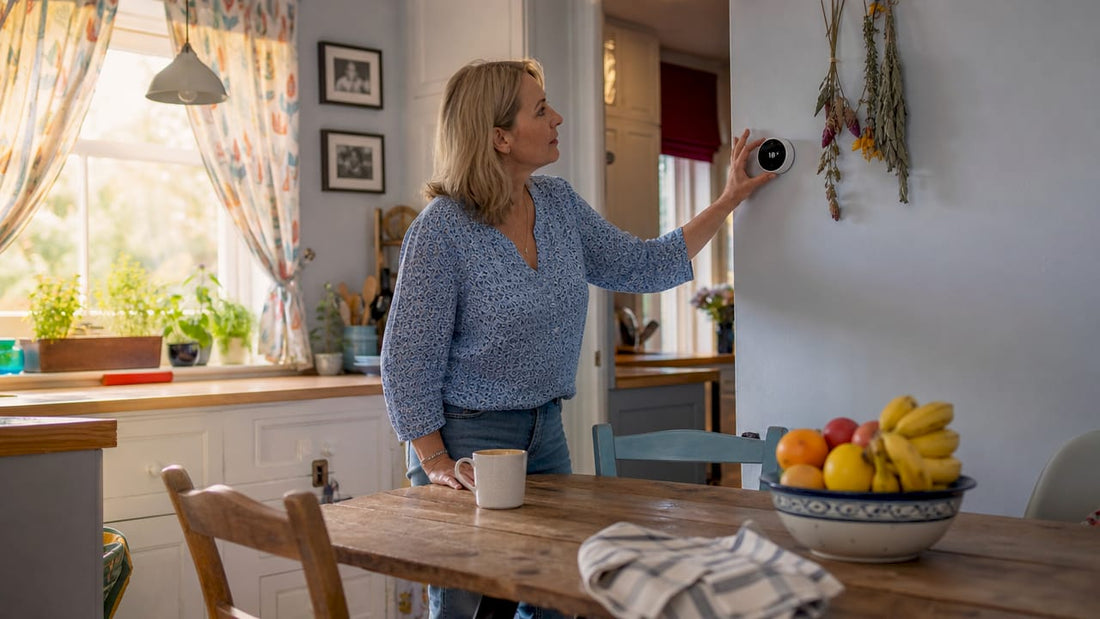 UK homeowner adjusting smart thermostat in living room