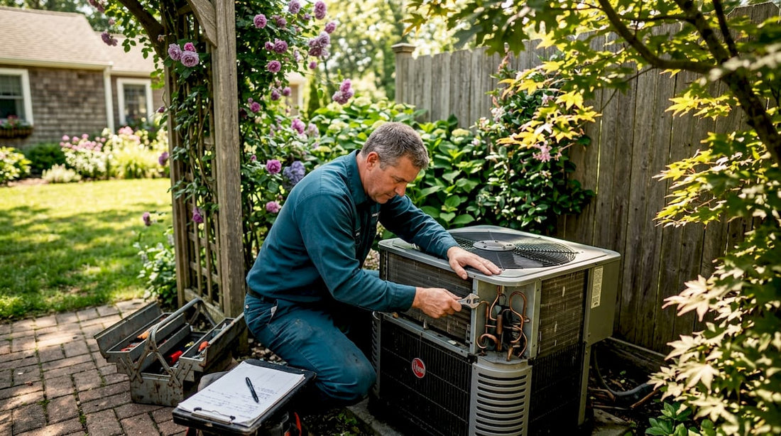 Technician servicing residential HVAC unit outdoors