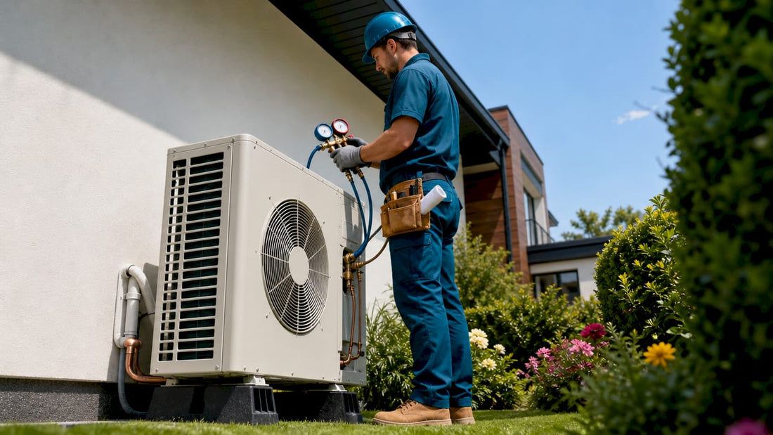 Technician installing multi-split outdoor compressor unit