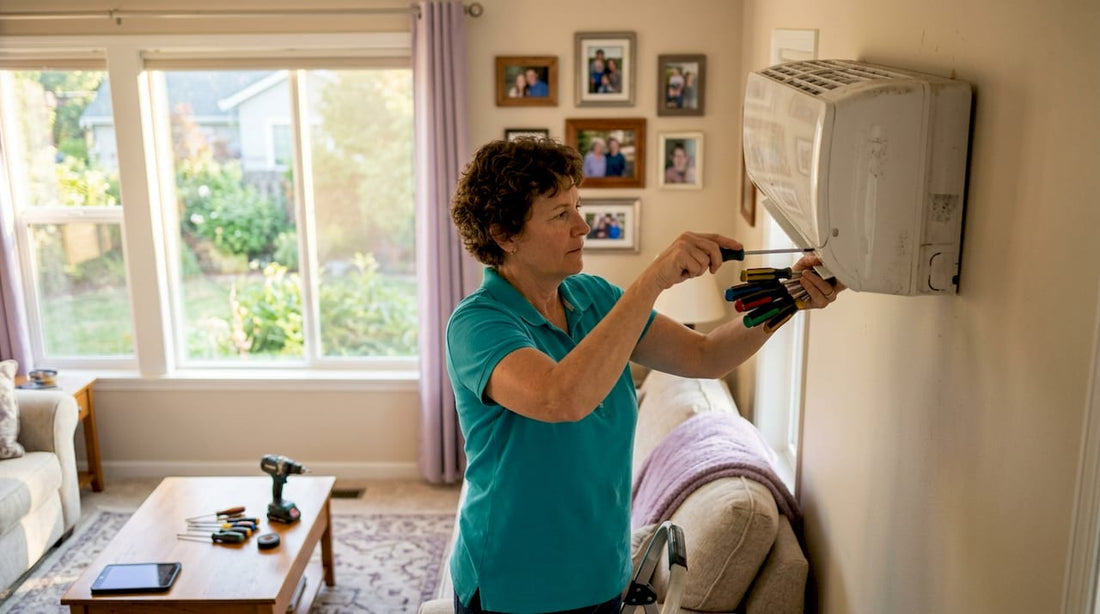 Technician installing mini split unit indoors