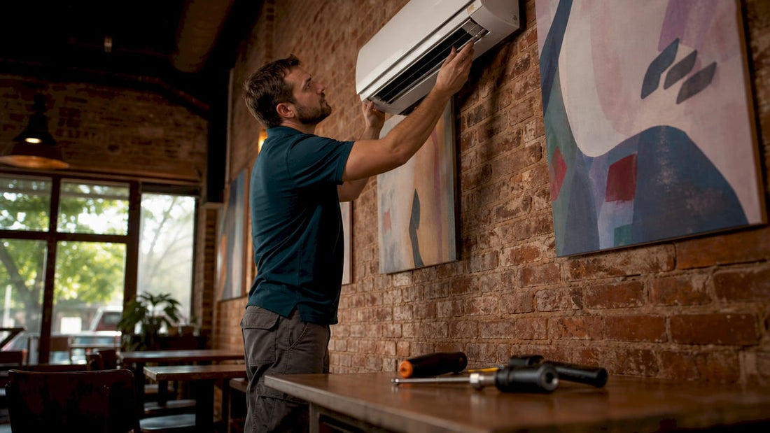 Technician installing inverter air conditioner indoors