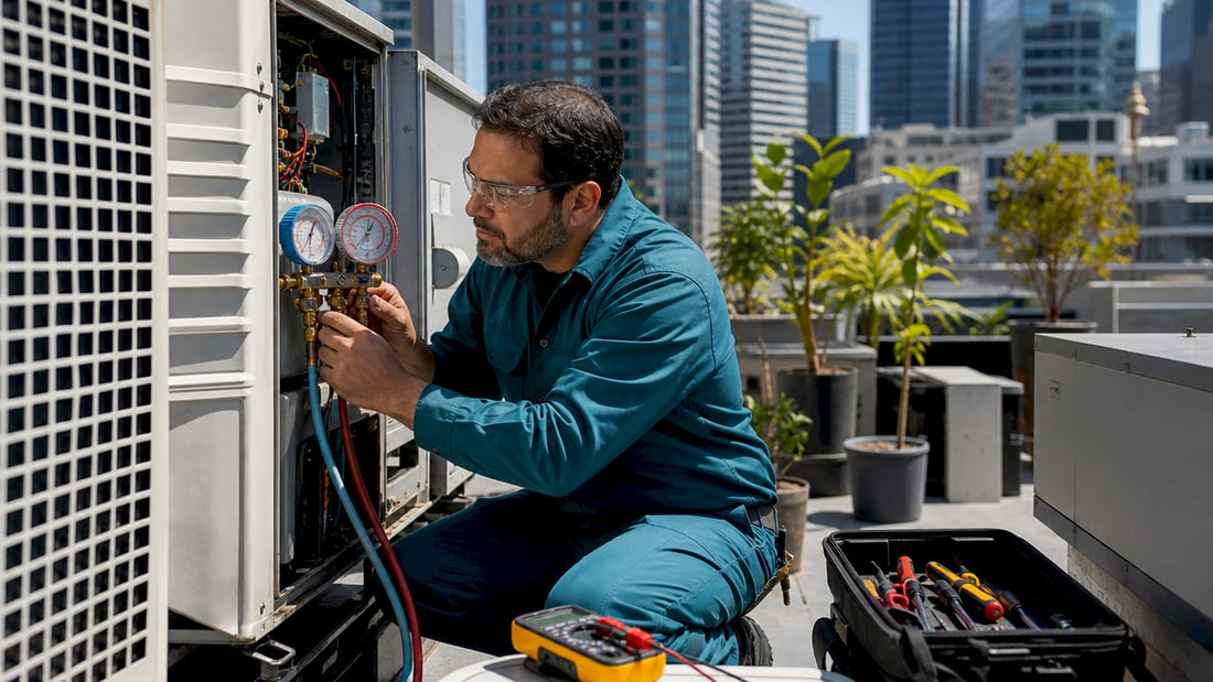 HVAC technician inspecting rooftop unit