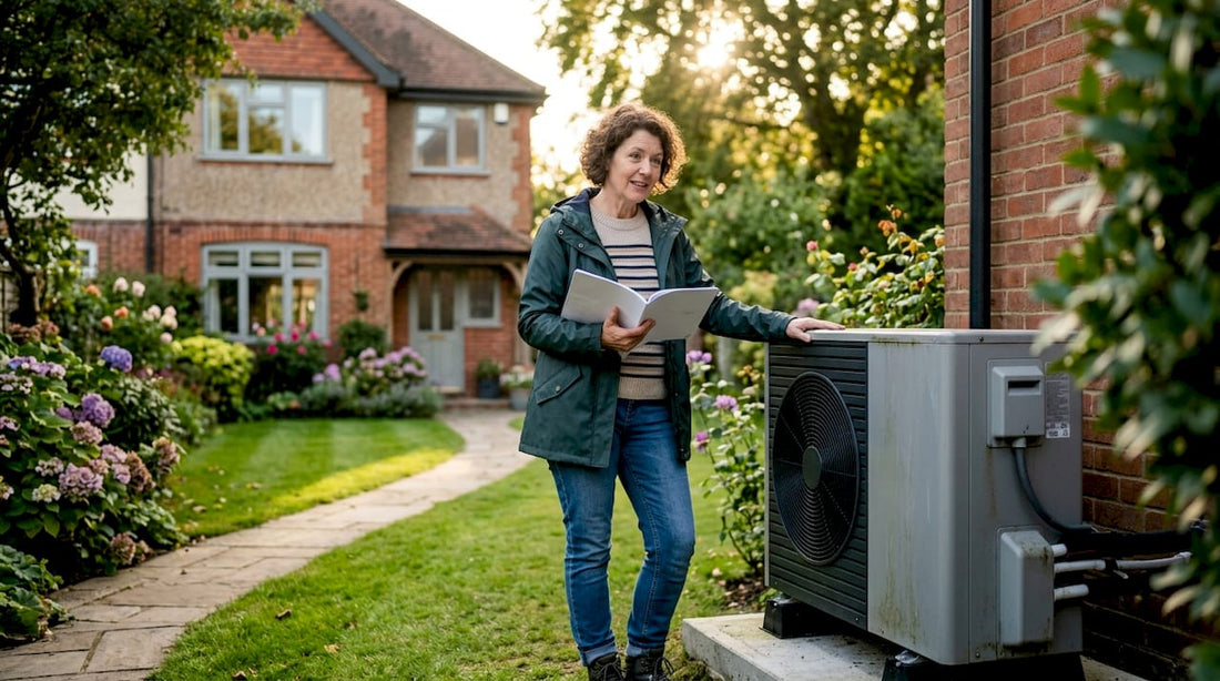 UK homeowner beside outdoor heat pump
