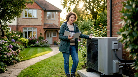 UK homeowner beside outdoor heat pump