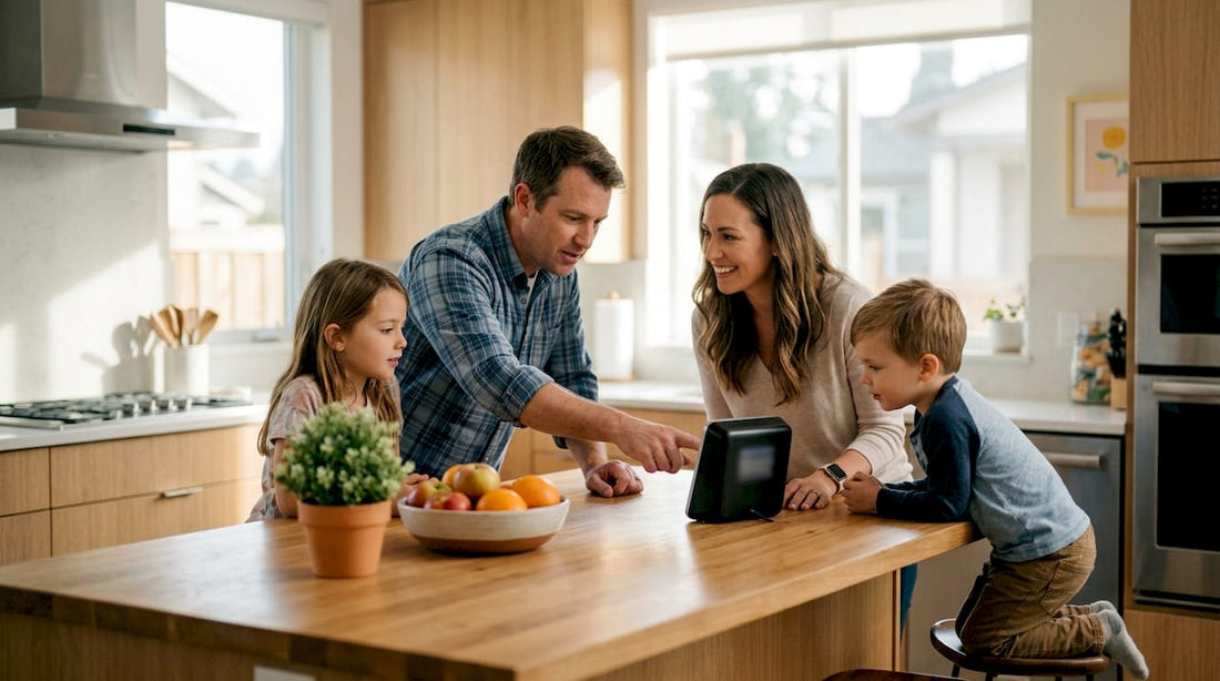 Family checking indoor air quality monitor
