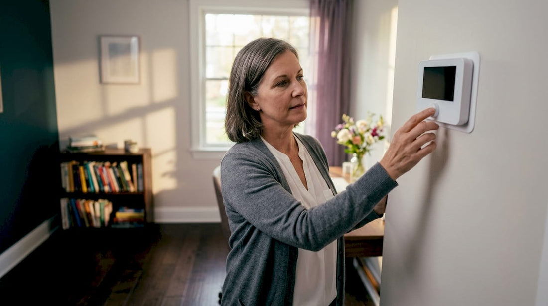 Woman adjusting home climate control thermostat