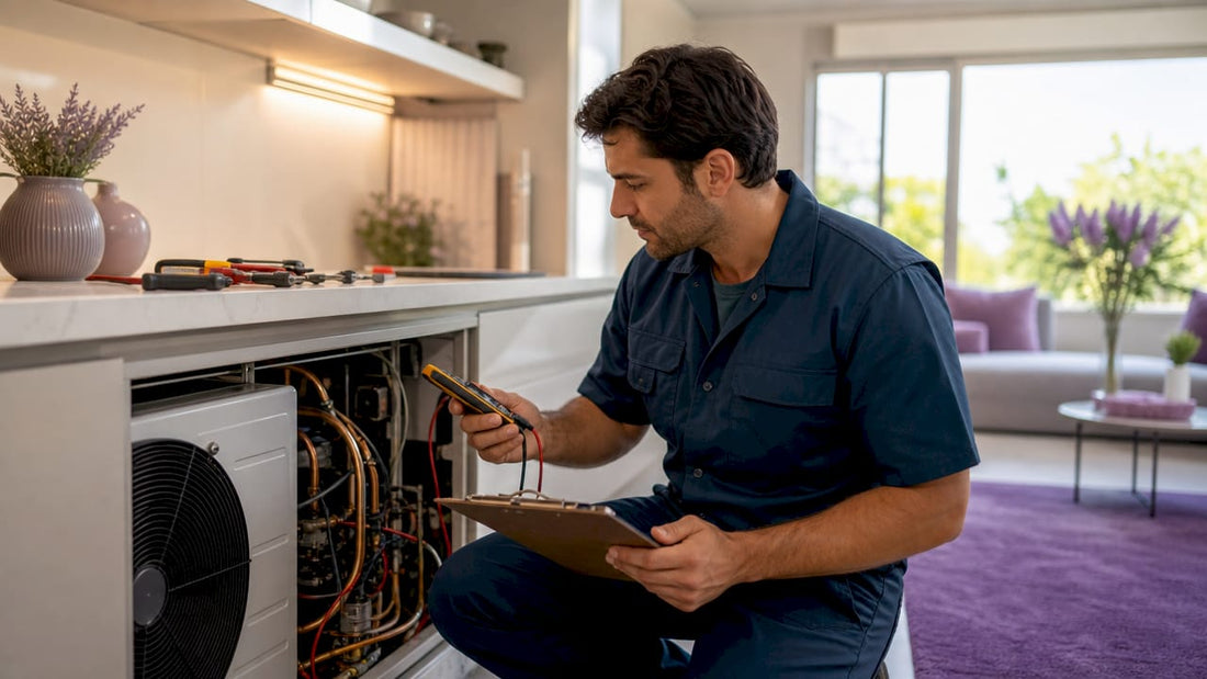 HVAC technician inspecting heat pump system