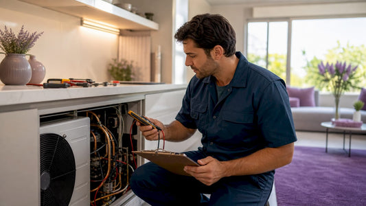 HVAC technician inspecting heat pump system