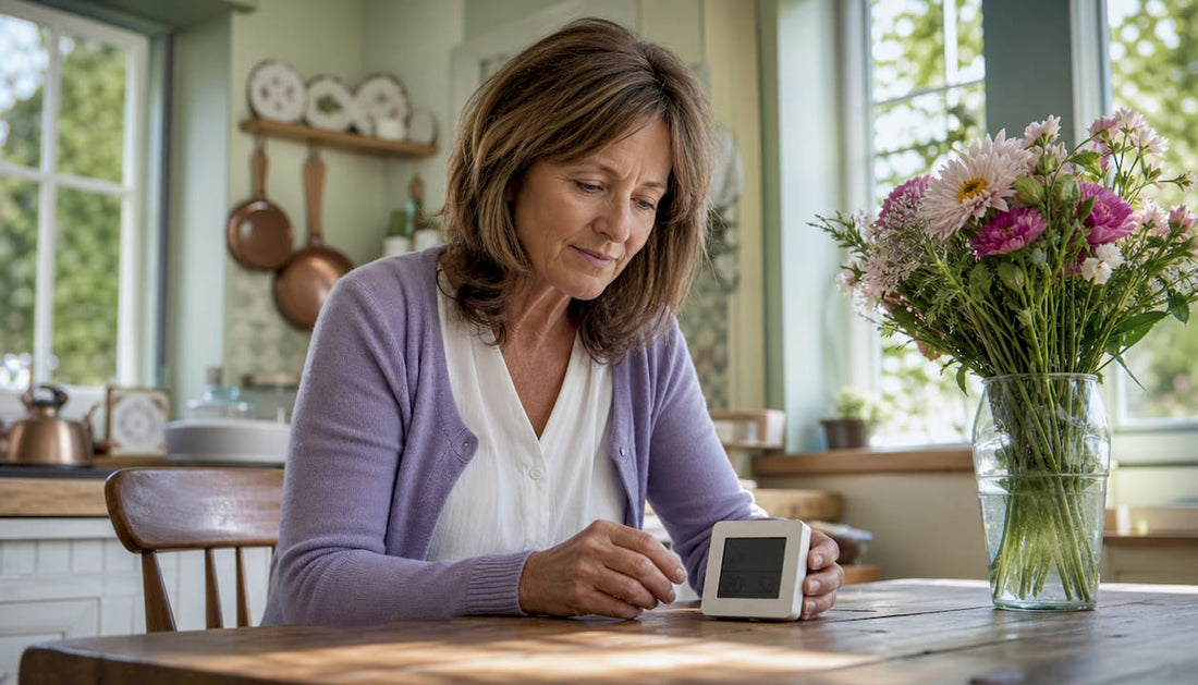 Woman checking indoor humidity with hygrometer