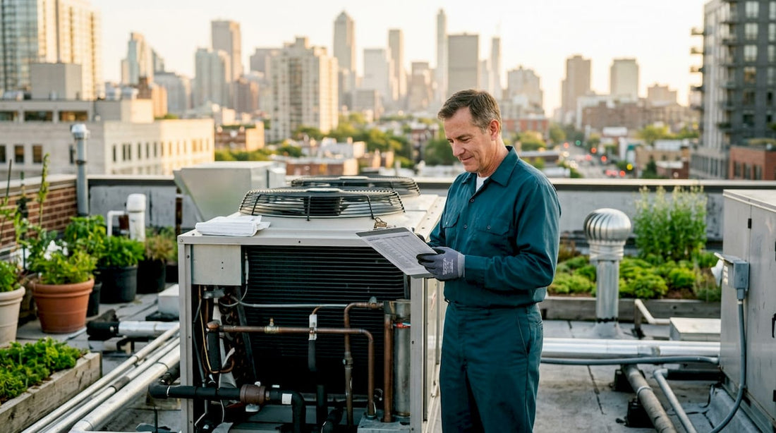 Technician inspecting commercial HVAC unit on rooftop