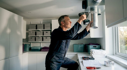 HVAC technician installing ventilation unit indoors