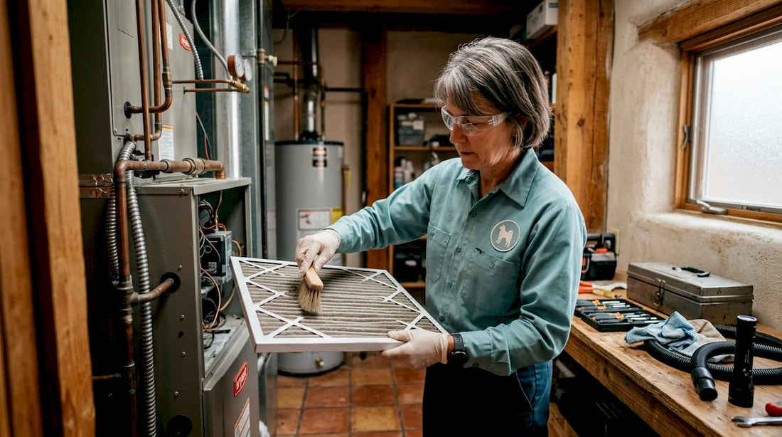 Technician cleaning air filter in home HVAC system