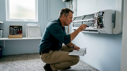 Man inspecting home air conditioning unit