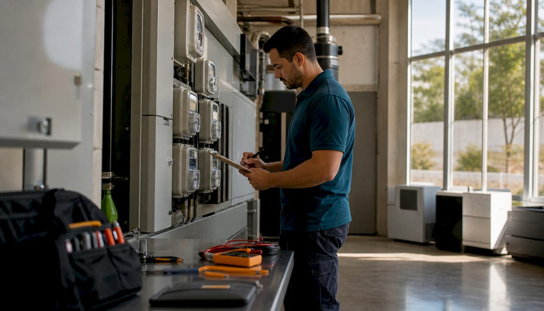 HVAC technician inspecting electrical meters in mechanical room