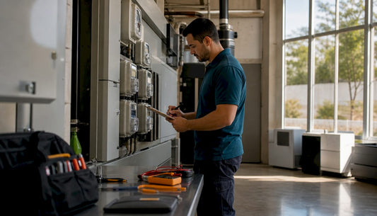 HVAC technician inspecting electrical meters in mechanical room