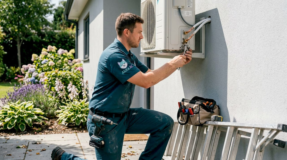 Technician installing residential air-to-air heat pump
