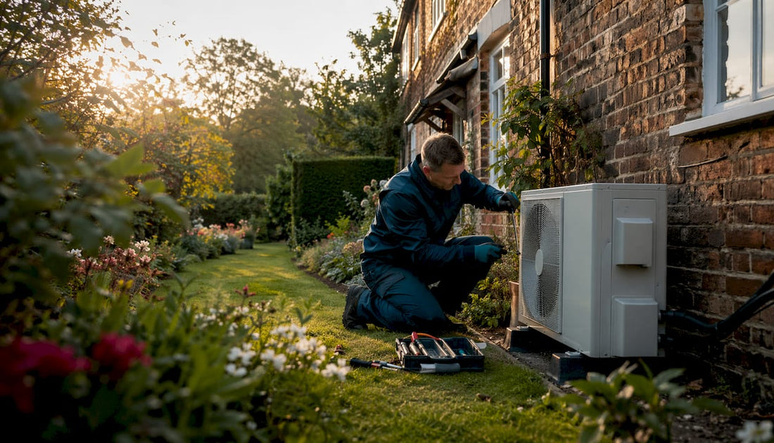 Technician installing eco-friendly heat pump outdoors