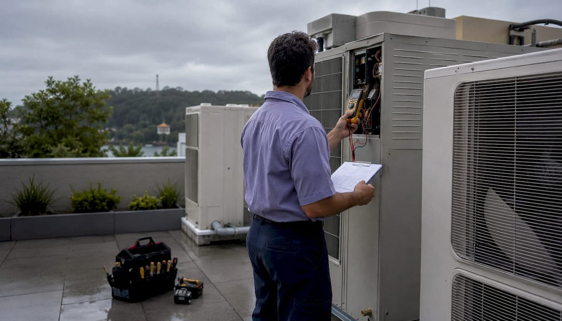 HVAC technician inspecting commercial rooftop unit