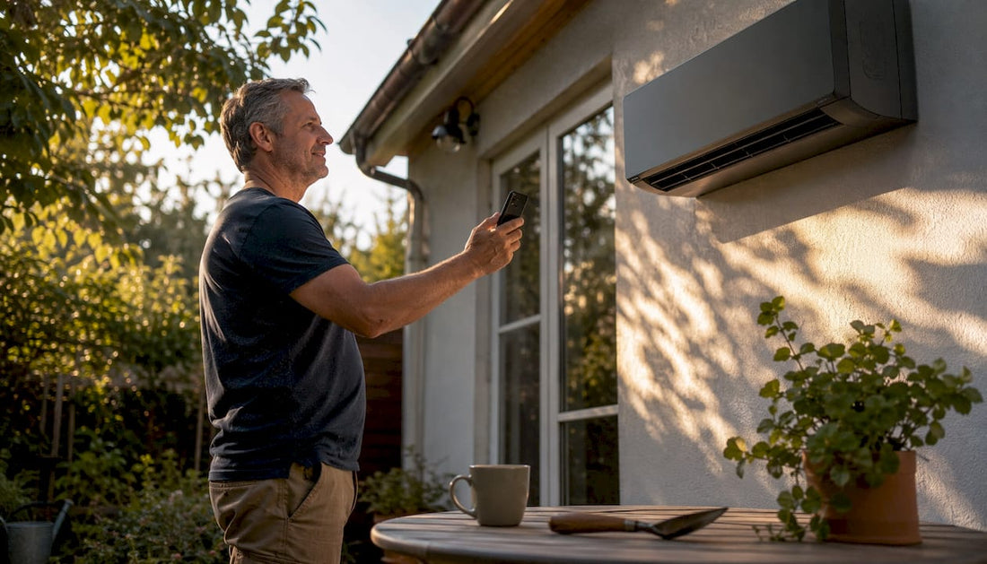 Homeowner controlling smart AC with smartphone
