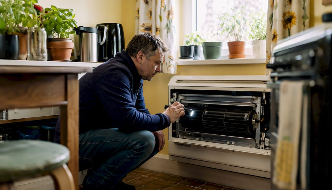Homeowner inspecting indoor HVAC unit in utility room