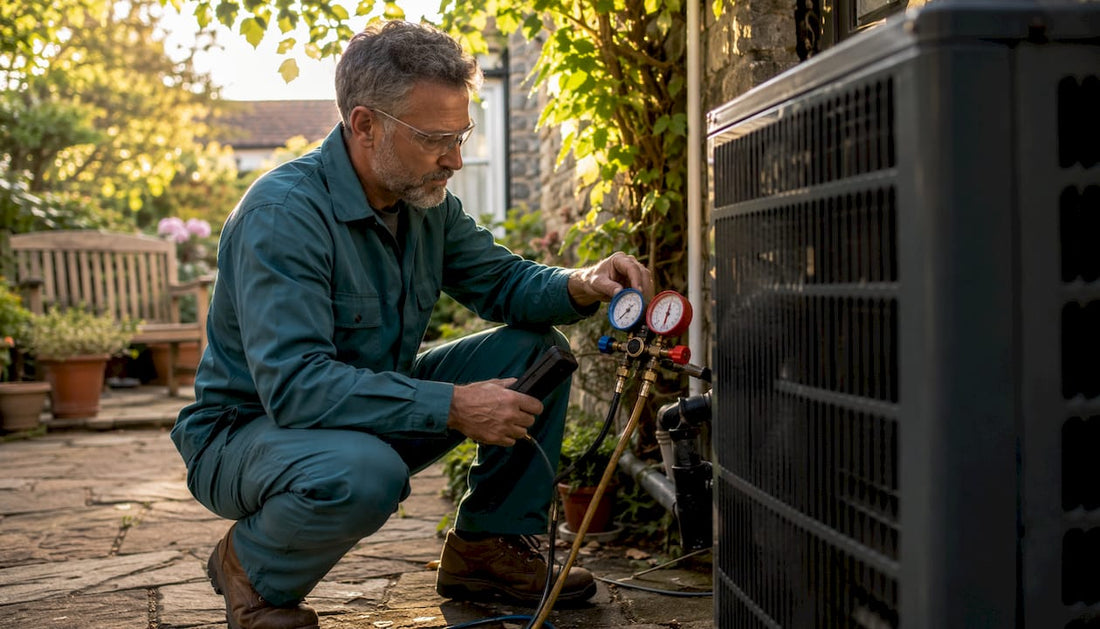 HVAC technician inspecting cooling unit outdoors