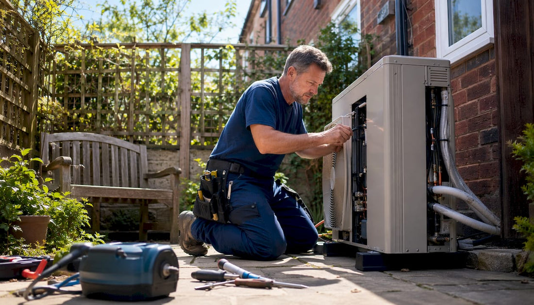 Technician installing VRF system outside UK home