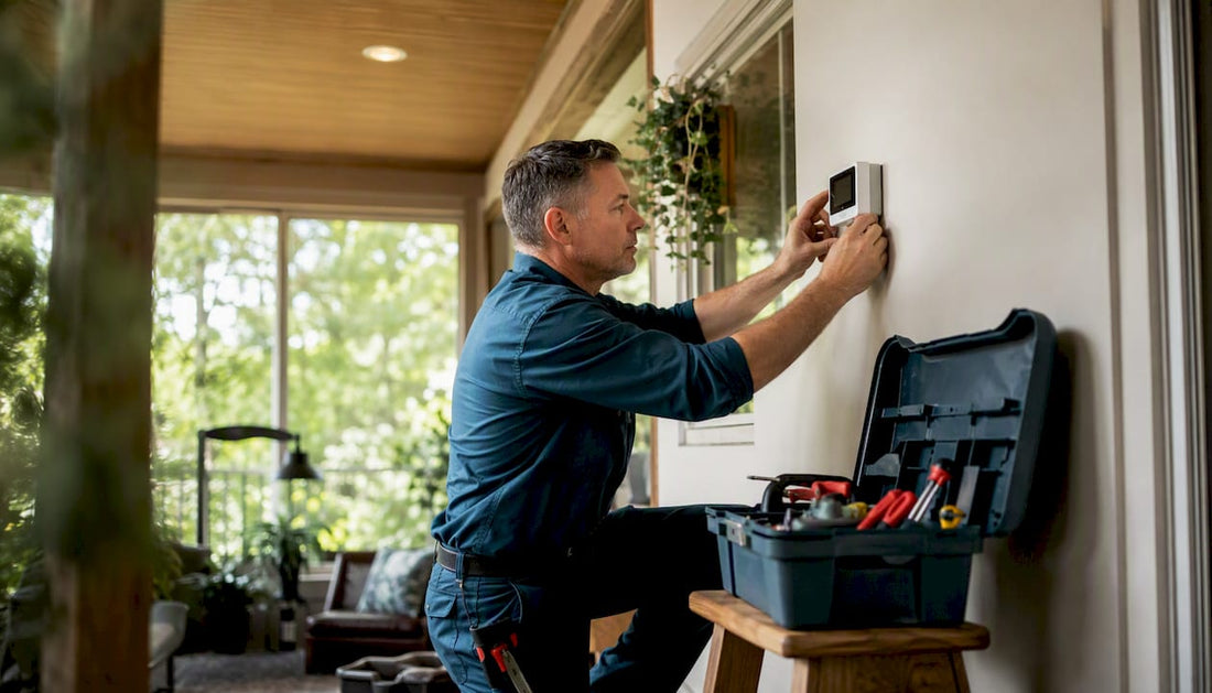 Technician installing thermostat in living room