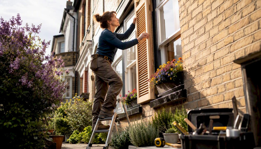 Woman installing external shading on house