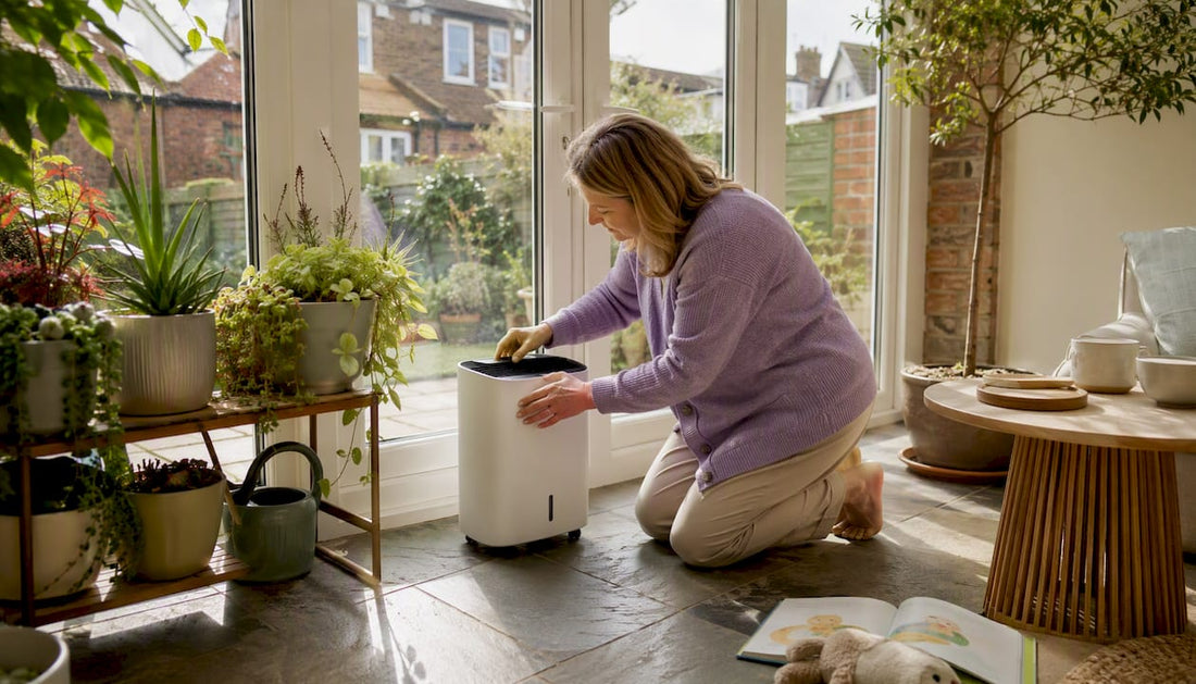 Woman setting up home dehumidifier in living room
