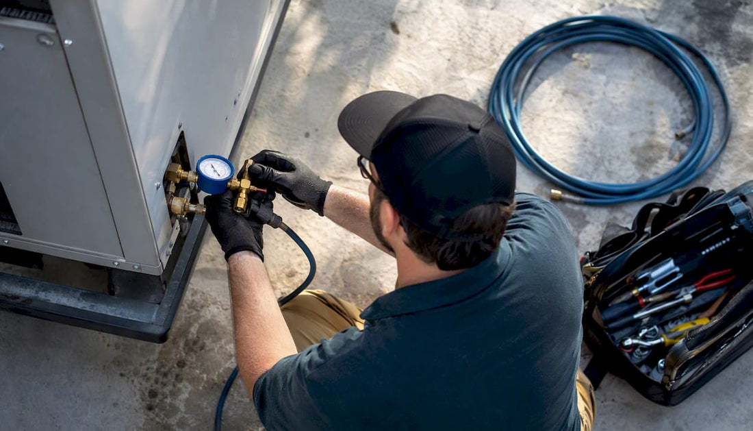 Technician adjusting refrigerant gauge on HVAC unit