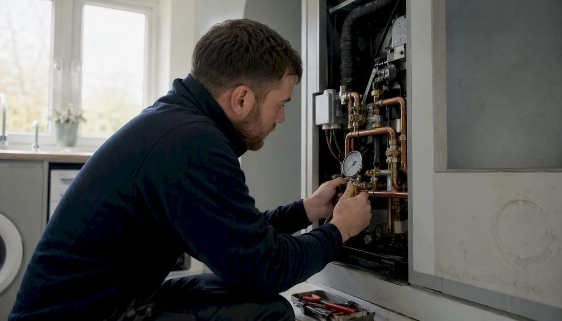 Technician adjusting refrigerant system pipes