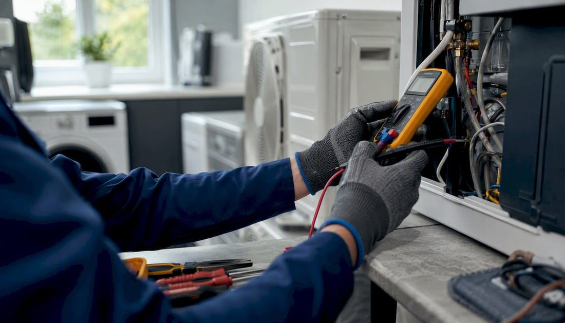 Hands testing HVAC wiring connections indoors
