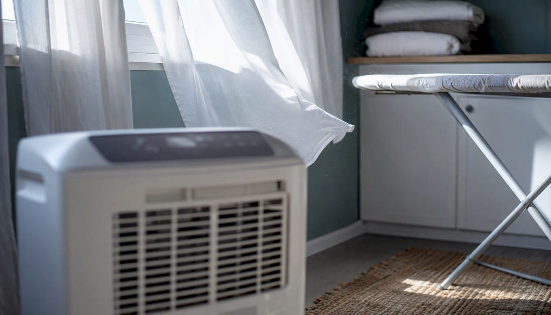 Portable dehumidifier in UK home utility room